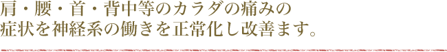 肩・腰・首・背中等のカラダの痛みの症状を神経系の働きを正常化し改善ます。